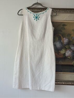 Studio I White Shift Dress with Turquoise Bead Neckline